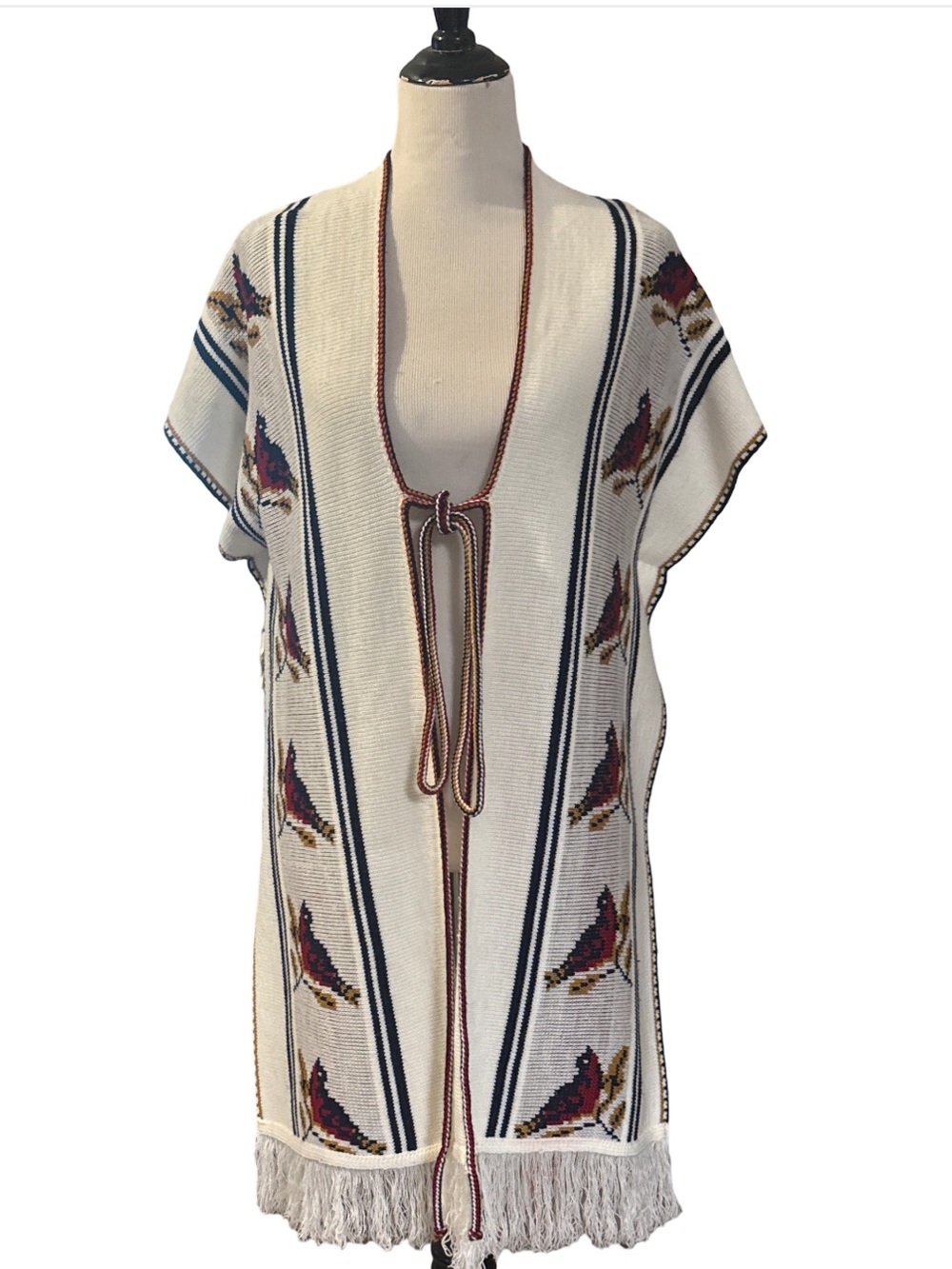 Boho Cream Fringe Knit Poncho Shrug with Cardinal Motifs